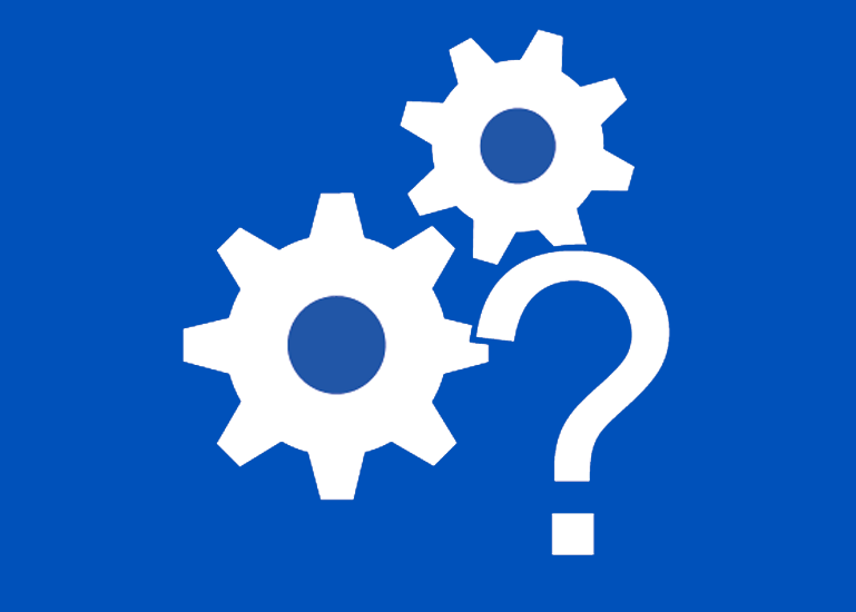 Two gears and a question mark on blue background