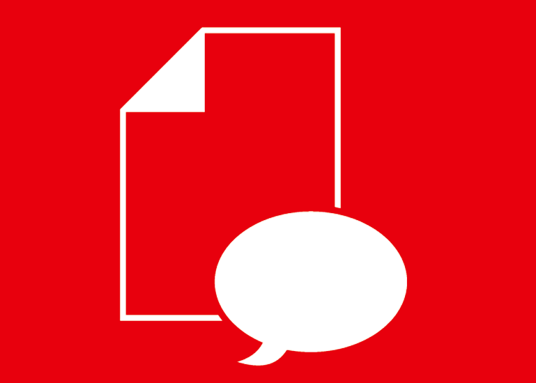Paper with folded corner and text bubble on bright red background