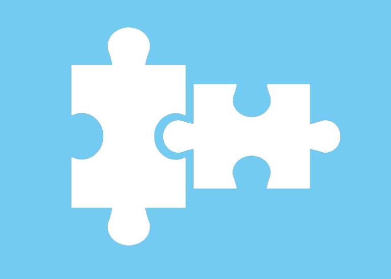 Two interlocking puzzle pieces on light blue background